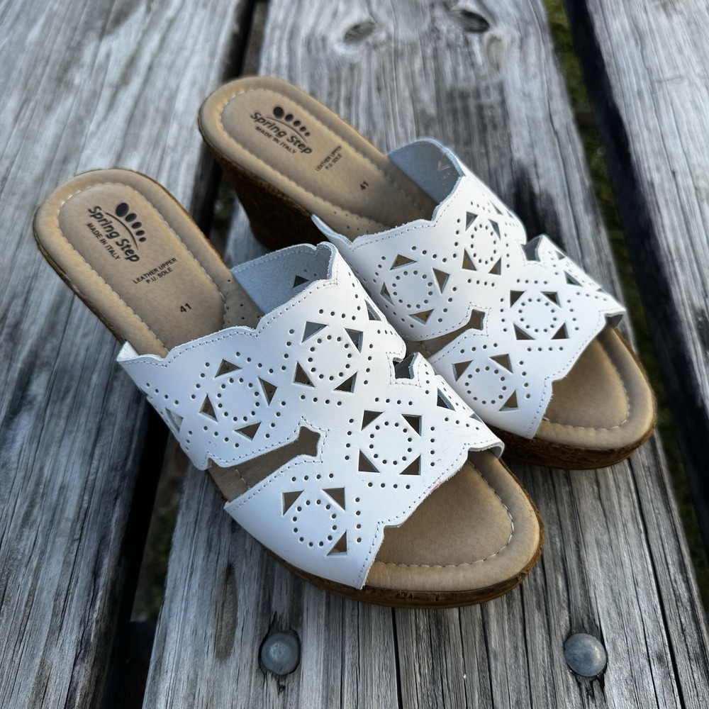 Spring Step Flamyo Slide Sandals White Leather Mid Heel Wedge US 9.5 EUR 41